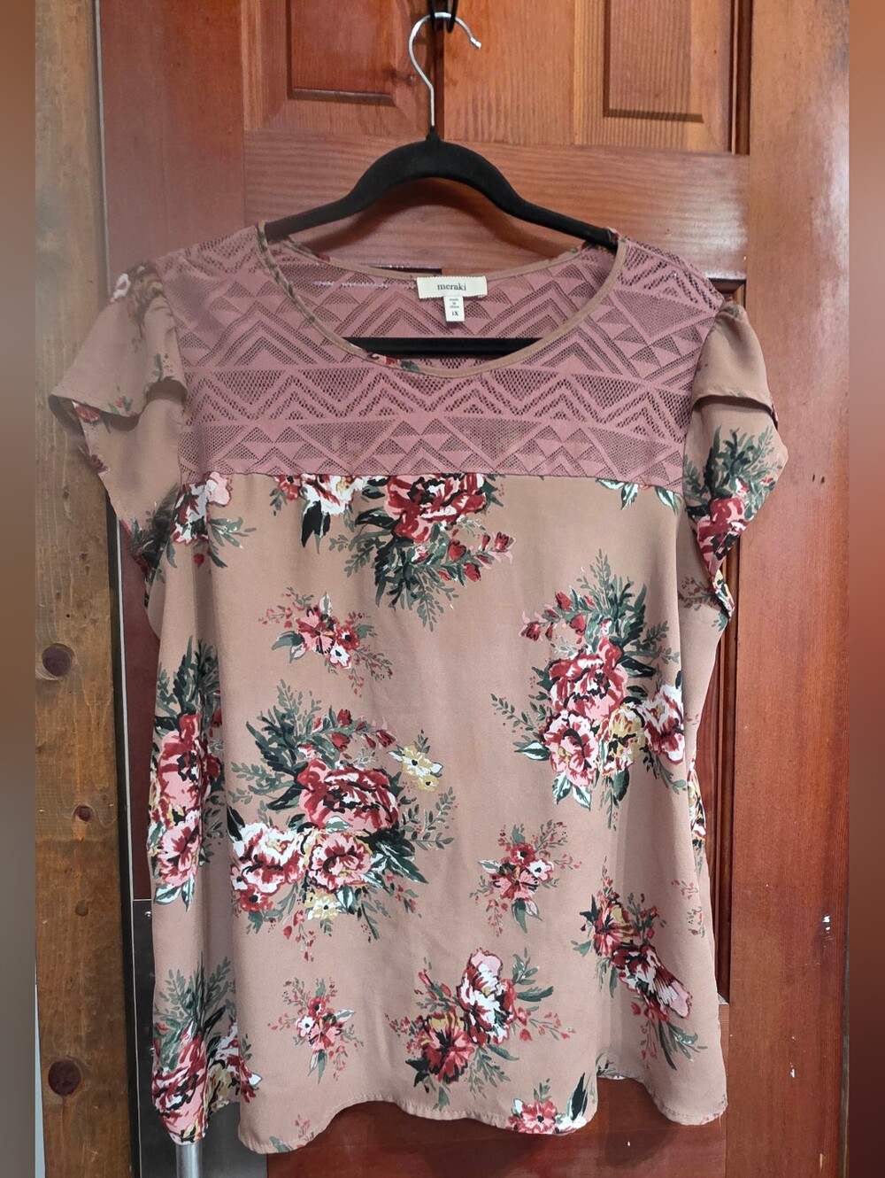 meraki Mauve-Taupe Floral Lace Yoke Short Sleeve Blouse